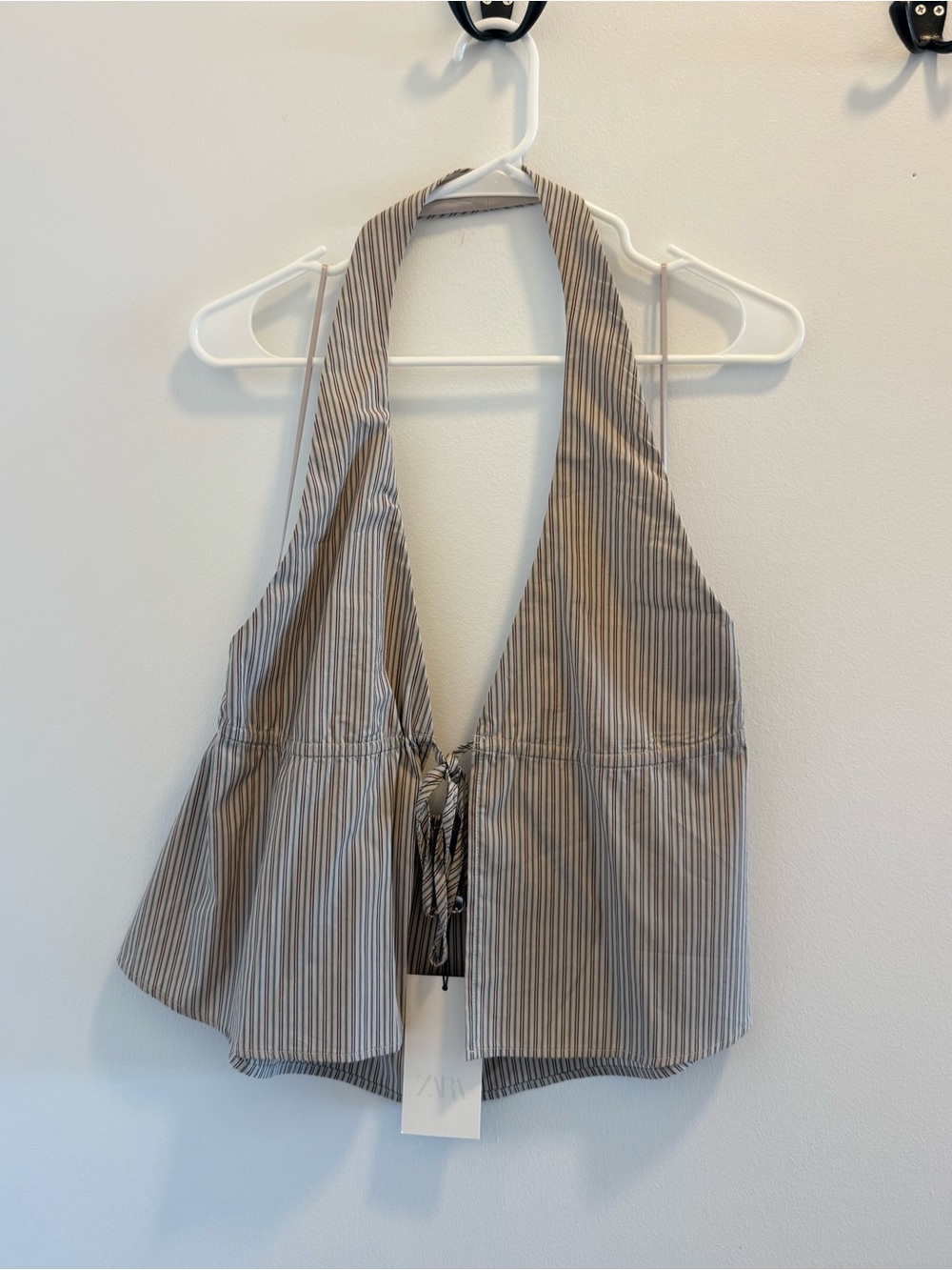 Zara Striped Peplum Tie-Front Poplin Halter Top Gray Brown Green Women’s Medium